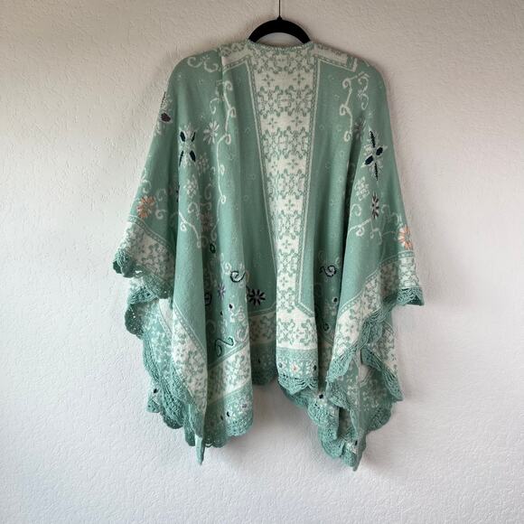 Vintage Floral Knit Sweater Shawl Kimono Cottagecore Granny Reversible Blue - Picture 5 of 7